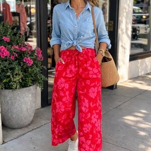 Floral Red ,pink Wide-Leg Pants vacation cruise wear